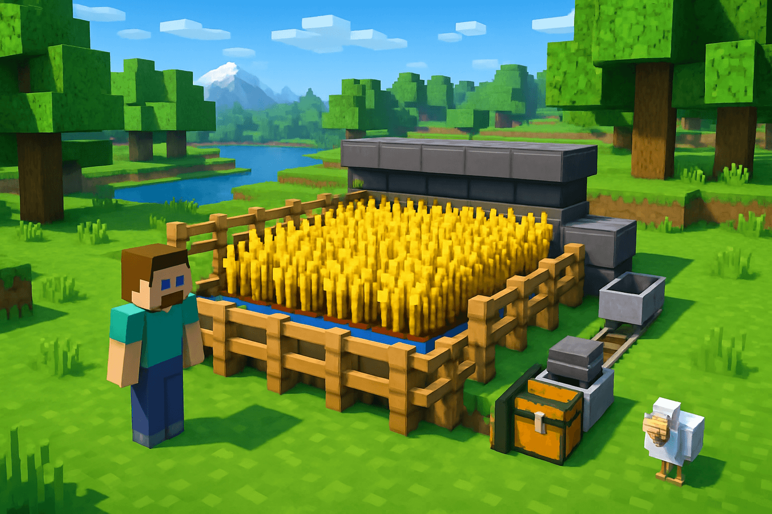 Simple Wheat Farm with Auto-Harvest in Minecraft